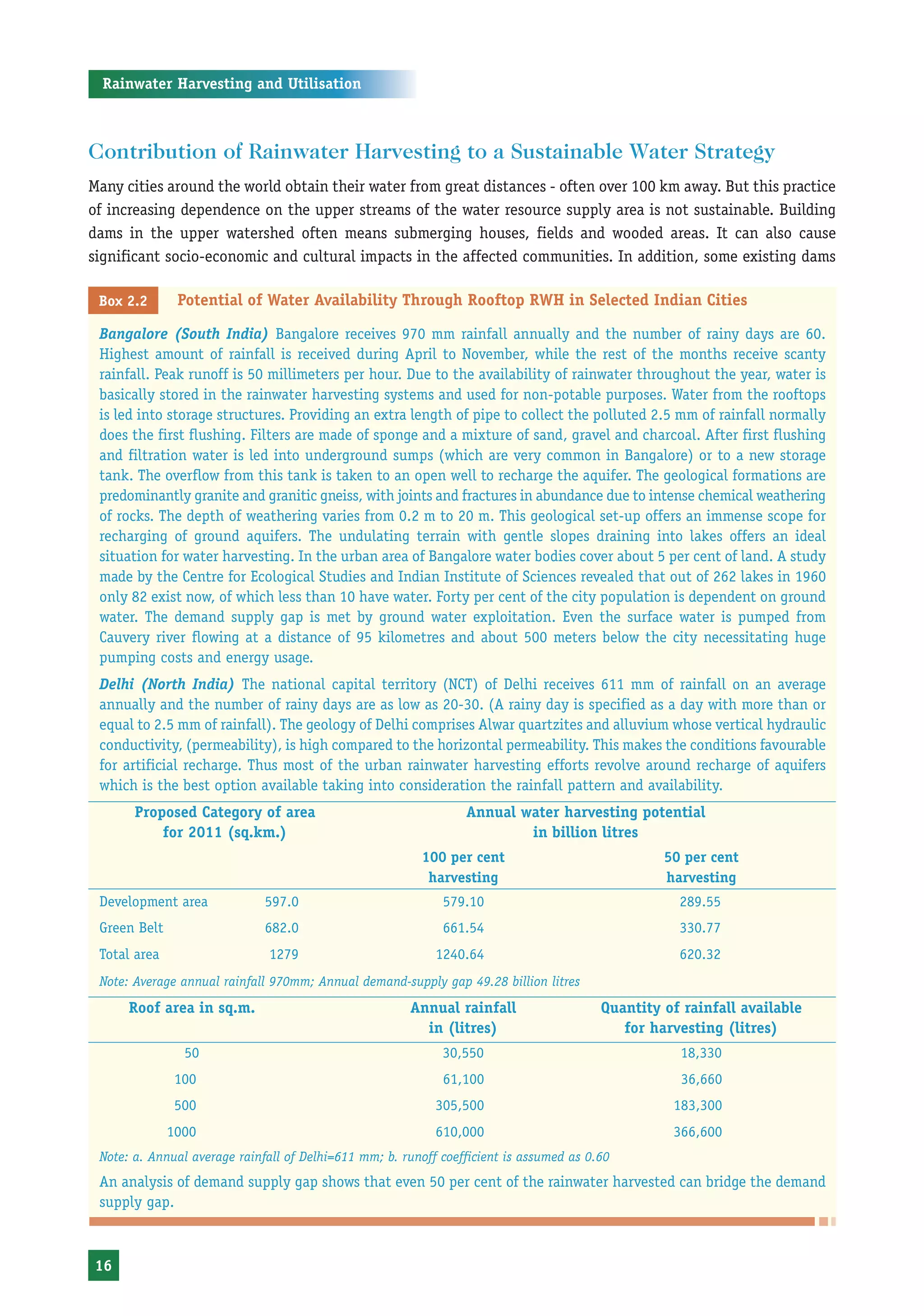 Rainwater Harvesting and Utilisation



Contribution of Rainwater Harvesting to a Sustainable Water Strategy
Many cities around the world obtain their water from great distances - often over 100 km away. But this practice
of increasing dependence on the upper streams of the water resource supply area is not sustainable. Building
dams in the upper watershed often means submerging houses, fields and wooded areas. It can also cause
significant socio-economic and cultural impacts in the affected communities. In addition, some existing dams

 Box 2.2       Potential of Water Availability Through Rooftop RWH in Selected Indian Cities

 Bangalore (South India) Bangalore receives 970 mm rainfall annually and the number of rainy days are 60.
 Highest amount of rainfall is received during April to November, while the rest of the months receive scanty
 rainfall. Peak runoff is 50 millimeters per hour. Due to the availability of rainwater throughout the year, water is
 basically stored in the rainwater harvesting systems and used for non-potable purposes. Water from the rooftops
 is led into storage structures. Providing an extra length of pipe to collect the polluted 2.5 mm of rainfall normally
 does the first flushing. Filters are made of sponge and a mixture of sand, gravel and charcoal. After first flushing
 and filtration water is led into underground sumps (which are very common in Bangalore) or to a new storage
 tank. The overflow from this tank is taken to an open well to recharge the aquifer. The geological formations are
 predominantly granite and granitic gneiss, with joints and fractures in abundance due to intense chemical weathering
 of rocks. The depth of weathering varies from 0.2 m to 20 m. This geological set-up offers an immense scope for
 recharging of ground aquifers. The undulating terrain with gentle slopes draining into lakes offers an ideal
 situation for water harvesting. In the urban area of Bangalore water bodies cover about 5 per cent of land. A study
 made by the Centre for Ecological Studies and Indian Institute of Sciences revealed that out of 262 lakes in 1960
 only 82 exist now, of which less than 10 have water. Forty per cent of the city population is dependent on ground
 water. The demand supply gap is met by ground water exploitation. Even the surface water is pumped from
 Cauvery river flowing at a distance of 95 kilometres and about 500 meters below the city necessitating huge
 pumping costs and energy usage.
 Delhi (North India) The national capital territory (NCT) of Delhi receives 611 mm of rainfall on an average
 annually and the number of rainy days are as low as 20-30. (A rainy day is specified as a day with more than or
 equal to 2.5 mm of rainfall). The geology of Delhi comprises Alwar quartzites and alluvium whose vertical hydraulic
 conductivity, (permeability), is high compared to the horizontal permeability. This makes the conditions favourable
 for artificial recharge. Thus most of the urban rainwater harvesting efforts revolve around recharge of aquifers
 which is the best option available taking into consideration the rainfall pattern and availability.
       Proposed Category of area                                 Annual water harvesting potential
           for 2011 (sq.km.)                                             in billion litres
                                                         100 per cent                             50 per cent
                                                          harvesting                              harvesting
 Development area             597.0                          579.10                                 289.55
 Green Belt                   682.0                          661.54                                 330.77
 Total area                   1279                          1240.64                                 620.32
 Note: Average annual rainfall 970mm; Annual demand-supply gap 49.28 billion litres
      Roof area in sq.m.                               Annual rainfall                   Quantity of rainfall available
                                                         in (litres)                        for harvesting (litres)
                50                                           30,550                                 18,330
               100                                           61,100                                 36,660
               500                                          305,500                                183,300
              1000                                          610,000                                366,600
 Note: a. Annual average rainfall of Delhi=611 mm; b. runoff coefficient is assumed as 0.60
 An analysis of demand supply gap shows that even 50 per cent of the rainwater harvested can bridge the demand
 supply gap.



16
 