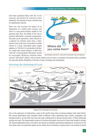 Concept and Technology of Rainwater Harvesting



have been gradually filling with silt. If not
properly maintained by removing these
sediments, the quantity of water collected may
be significantly reduced.

When the city increases the degree of its
dependence on a remote water resource, and
there is a long period without rainfall in the
upstream dam sites, the ability of the city to
function effectively is seriously compromised.
The same can be said about a city’s reliance on
a pipeline for drawing water from a water
resource area to the city. A city which is totally
reliant on a large, centralised water supply
pipeline (or “life-line”) is vulnerable in the face
of a large-scale natural disaster. A shift from
“life-line” to decentralised “life-points” should
be encouraged. Numerous scattered water              Decentralised “Life-Points”, Versus the Conventional “Life-Line” Approach

resource “life-points” within a city are more resilient and can draw on rainwater and ground water, providing
the city with greater flexibility in the face of water shortages and earthquakes.

Restoring the Hydrological Cycle




                                        Diagram of the Hydrological Cycle (detail)

Due to the rapid pace of urbanisation, many of the world’s large cities are facing problems with urban floods.
The natural hydrological cycle manifests itself at different scales, depending upon climatic, geographic and
biological factors. As rain falls over time and seeps underground to become ground water, it feeds submerged
springs and rivers. The impermeable surfaces of concrete and asphalt structures of cities have tended to disrupt
the natural hydrological cycle, and reduce the amount of rainwater permeating underground. A decrease in the
area where water can penetrate speeds up the surface flow of rainwater, causing water to accumulate in drains


                                                                                                                         17
 