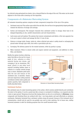 Rainwater Harvesting and Utilisation



be collected using galvanized iron sheets, into a channel fitted on the edge of the roof. This water can be stored
adjacent to the house after screening out the impurities.

Components of a Rainwater Harvesting System
All rainwater-harvesting systems comprise six basic components irrespective of the size of the system.

1.     Catchment area/roof: The surface upon which the rain falls; the roof has to be appropriately sloped preferably
       towards the direction of storage and recharge.

2.     Gutters and downspouts: The transport channels from catchment surface to storage; these have to be
       designed depending on site, rainfall characteristics and roof characteristics.

3.     Leaf screens and roof washers: The systems that remove contaminants and debris; a first rain separator has
       to be put in place to divert and manage the first 2.5 mm of rain.

4.     Cisterns or storage tanks: Sumps, tanks etc. where collected rain-water is safely stored or recharging the
       ground water through open wells, bore wells or percolation pits etc.;

5.     Conveying: The delivery system for the treated rainwater, either by gravity or pump;

6.     Water treatment: Filters to remove solids and organic material and equipment, and additives to settle,
       filter, and disinfect.

Briefly the system involves collecting
water that falls on the roof of a house
made of zinc, asbestos or other
material during rain storms, and
conveying it by an aluminium, PVC,
wood, plastic or any other local
material including bamboo drain or
collector to a nearby covered storage
unit or cistern. Rainwater yield varies
with the size and texture of the
catchment area. A smoother, cleaner
and more impervious roofing material
contributes to better water quality and
greater quantity. Each component is
                                                           Elements of a Typical Water Harvesting System
briefly described below.

Catchment Surface
The catchment area of a water harvesting system is the surface, which receives rainfall directly and contributes
the water to the system. It can be a paved area like a terrace or courtyard of a building, or an unpaved area like
a lawn or open ground. Temporary structures like sloping sheds can also act as catchments. In Botswana, house
compounds and threshing floors are surfaced with clay / cow dung plaster and used effectively as rainwater
catchments. Rainwater harvested from catchment surfaces along the ground, because of the increased risk of
contamination, should only be used for non-potable uses such as lawn watering. For in house uses, rooftop
harvested rainwater is safer for drinking purposes than the runoff harvested water.




 22
 