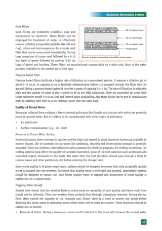 Rainwater Harvesting System



Sand Filters
Sand filters are commonly available, easy and
inexpensive to construct. These filters can be
employed for treatment of water to effectively
remove turbidity (suspended particles like silt and
clay), colour and microorganisms. In a simple sand
filter that can be constructed domestically, the top
layer comprises of coarse sand followed by a 5-10       Source: A water-harvesting manual for urban areas
mm layer of gravel followed by another 5-25 cm
layer of gravel and boulders. These filters are manufactured commercially on a wide scale. Most of the water
purifiers available in the market are of this type.

Pressure Based Filter
Pressure based filters facilitate a higher rate of filtration in a pressurized system. It requires a siltation pit of
about 6-15 cu.m. in capacity so as to facilitate sedimentation before it is pumped through the filter into the
ground. Being a pressure based system it involves a pump of capacity 0.5-1 hp. The rate of filtration is evidently
high and the quality of water is also claimed to be as per WHO guidelines. They are successful for areas with
larger rainwater runoff (>6 cu.m./hr) and limited space availability. Also these filters can be put in combination
with an existing tube well so as to recharge water into the same bore.

Quality of Stored Water
Rainwater collected from rooftops is free of mineral pollutants like fluoride and calcium salts which are generally
found in ground water. But it is likely to be contaminated with other types of pollutants:
™   Air pollutants
™   Surface contamination (e.g., silt, dust)

Measures to Ensure Water Quality
Many institutions have concerns for quality and the high cost needed to make rainwater harvesting available in
modern houses. Use of rainwater for purposes like gardening, cleaning and decentralized seepage is generally
accepted. There are, however, reservations for using rainwater for drinking purposes. For rooftop harvesting, the
roofing material may affect the quality of rainwater harvested. Some of the roof materials such as bitumen add
unwanted organic chemicals to the water. The water from the roof therefore, should pass through a filter to
remove leaves and other particulate dirt before entering the storage tank.

Since water quality is of prime importance, systems should be designed to ensure that only acceptable quality
water is pumped into the reservoir. To ensure that quality water is collected and pumped, appropriate systems
should be designed to ensure that only better quality water is trapped and monitoring of water quality is
carried out on a regular basis.

Trapping Urban Runoff
Studies have shown that dry weather flows in urban areas are generally of poor quality and hence such flows
should not be collected. These dry weather flows normally flow through rectangular channels. During storms,
flows often exceed the capacity of the channels and, hence, there is a need to remove any debris before
diverting the storm water to detention ponds where there will be some settlement. These functions should be
carried out as follows:
™   Removal of debris: During a downpour, storm runoff collected in the drain will increase the normal water


                                                                                                                 35
 