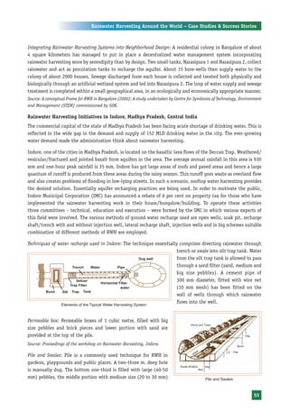 Rainwater Harvesting Around the World – Case Studies & Success Stories



Integrating Rainwater Harvesting Systems into Neighborhood Design: A residential colony in Bangalore of about
4 square kilometers has managed to put in place a decentralized water management system incorporating
rainwater harvesting more by serendipity than by design. Two small tanks, Narasipura 1 and Narasipura 2, collect
rainwater and act as percolation tanks to recharge the aquifer. About 15 bore-wells then supply water to the
colony of about 2000 houses. Sewage discharged from each house is collected and treated both physically and
biologically through an artificial wetland system and led into Narasipura 2. The loop of water supply and sewage
treatment is completed within a small geographical area, in an ecologically and economically appropriate manner.
Source: A conceptual Frame for RWH in Bangalore (2000): A study undertaken by Centre for Symbiosis of Technology, Environment
and Management (STEM) commissioned by GOK.

Rainwater Harvesting Initiatives in Indore, Madhya Pradesh, Central India
The commercial capital of the state of Madhya Pradesh has been facing acute shortage of drinking water. This is
reflected in the wide gap in the demand and supply of 152 MLD drinking water in the city. The ever-growing
water demand made the administration think about rainwater harvesting.

Indore, one of the cities in Madhya Pradesh, is located on the basaltic lava flows of the Deccan Trap. Weathered/
vesicular/fractured and jointed basalt form aquifers in the area. The average annual rainfall in this area is 930
mm and one-hour peak rainfall is 35 mm. Indore has got large areas of roofs and paved areas and hence a large
quantum of runoff is produced from these areas during the rainy season. This runoff goes waste as overland flow
and also creates problems of flooding in low-lying streets. In such a scenario, rooftop water harvesting provides
the desired solution. Essentially aquifer recharging practices are being used. In order to motivate the public,
Indore Municipal Corporation (IMC) has announced a rebate of 6 per cent on property tax for those who have
implemented the rainwater harvesting work in their house/bungalow/building. To operate these activities
three committees – technical, education and execution – were formed by the IMC in which various experts of
this field were involved. The various methods of ground water recharge used are open wells, soak pit, recharge
shaft/trench with and without injection well, lateral recharge shaft, injection wells and in big schemes suitable
combination of different methods of RWH are employed.

Techniques of water recharge used in Indore: The technique essentially comprises diverting rainwater through
                                                                      trench or swale into silt trap tank. Water
                                                                      from the silt trap tank is allowed to pass
                                                                      through a sand filter (sand, medium and
                                                                      big size pebbles). A cement pipe of
                                                                      300 mm diameter, fitted with wire net
                                                                      (10 mm mesh) has been fitted on the
                                                                      wall of wells through which rainwater
                                                                      flows into the well.
                  Elements of the Typical Water Harvesting System



Permeable box: Permeable boxes of 1 cubic metre, filled with big
size pebbles and brick pieces and lower portion with sand are
provided at the top of the pile.
Source: Proceedings of the workshop on Rainwater Harvesting, Indore.

Pile and Swales: Pile is a commonly used technique for RWH in
gardens, playgrounds and public places. A two-three m. deep hole
is manually dug. The bottom one-third is filled with large (40-50
mm) pebbles, the middle portion with medium size (20 to 30 mm)                                 Pile and Swales



                                                                                                                        55
 