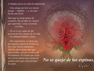 A Sandra casi se le corta la respiración. No se queje de las espinas. — Una amiga me leyó ese mismo pasaje  —explicó—,  ¡y me puse hecha una furia!  Será que no tengo ganas de consuelo. He perdido la criatura que esperaba y estoy resentida  con Dios. — No sé si soy capaz de dar gracias por las espinas de mi vida  —le comentó Sandra a Jenny. — Por experiencia, yo diría que las espinas realzan la belleza de las rosas. En los momentos difíciles apreciamos más que nunca cómo vela por nosotros la Providencia. No olvide que Jesús tuvo en la cabeza una corona de espinas para que conociéramos  Su amor.  ejga67 