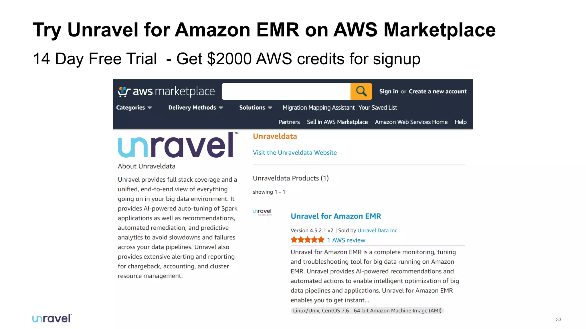 33
Try Unravel for Amazon EMR on AWS Marketplace
14 Day Free Trial - Get $2000 AWS credits for signup
 
