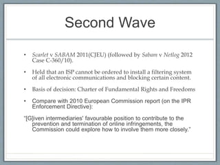 Second Wave
• Scarlet v SABAM 2011(CJEU) (followed by Sabam v Netlog 2012
Case C-360/10).
• Held that an ISP cannot be ordered to install a filtering system
of all electronic communications and blocking certain content.
• Basis of decision: Charter of Fundamental Rights and Freedoms
• Compare with 2010 European Commission report (on the IPR
Enforcement Directive):
“[G]iven intermediaries' favourable position to contribute to the
prevention and termination of online infringements, the
Commission could explore how to involve them more closely.”
 
