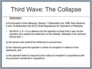 Third Wave: The Collapse
• Defamation:
A Combination of the following: Section 1 Defamation Act 1996; New Sections
5 and 10 Defamation Act 2013; Draft Regulations for Operators of Websites
• DA 2013: s. 5 - It is a defence for the operator to show that it was not the
operator who posted the statement on the website. Defeated if the claimant
shows that —
a) the person who posted the statement is anonymous;
b) the claimant gave the operator a notice of complaint in relation to the
statement, and
c) the operator failed to respond to the notice of complaint in accordance with
any provision contained in regulations.
 