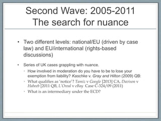 Second Wave: 2005-2011
The search for nuance
• Two different levels: national/EU (driven by case
law) and EU/international (rights-based
discussions)
• Series of UK cases grappling with nuance.
• How involved in moderation do you have to be to lose your
exemption from liability? Kaschke v. Gray and Hilton (2009) QB:
• What qualifies as ‘notice’? Tamiz v Google [2013] CA, Davison v
Habeeb [2011 QB, L’Oreal v eBay Case C-324/09 (2011)
• What is an intermediary under the ECD?
 