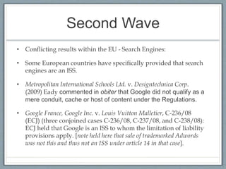 Second Wave
• Conflicting results within the EU - Search Engines:
• Some European countries have specifically provided that search
engines are an ISS.
• Metropolitan International Schools Ltd. v. Designtechnica Corp.
(2009) Eady commented in obiter that Google did not qualify as a
mere conduit, cache or host of content under the Regulations.
• Google France, Google Inc. v. Louis Vuitton Malletier, C-236/08
(ECJ) (three conjoined cases C-236/08, C-237/08, and C-238/08):
ECJ held that Google is an ISS to whom the limitation of liability
provisions apply. [note held here that sale of trademarked Adwords
was not this and thus not an ISS under article 14 in that case].
 