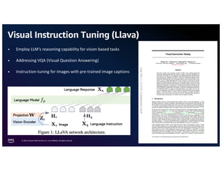 © 2024, Amazon Web Services, Inc. or its affiliates. All rights reserved.
Visual Instruction Tuning (Llava)
• Employ LLM's reasoning capability for vision based tasks
• Addressing VQA (Visual Question Answering)
• Instruction-tuning for images with pre-trained image captions
 