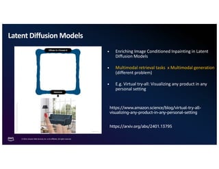 © 2024, Amazon Web Services, Inc. or its aﬃliates. All rights reserved.
Latent Diffusion Models
24
https://www.amazon.science/blog/virtual-try-all-
visualizing-any-product-in-any-personal-setting
https://arxiv.org/abs/2401.13795
• Enriching Image Conditioned Inpainting in Latent
Diffusion Models
• Multimodal retrieval tasks x Multimodal generation
(different problem)
• E.g. Virtual try-all: Visualizing any product in any
personal setting
 