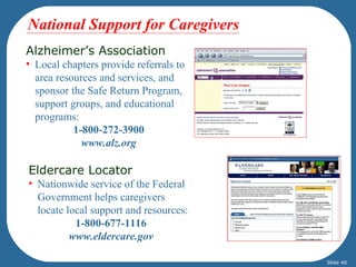 National Support for Caregivers
Alzheimer’s Association
• Local chapters provide referrals to
  area resources and services, and
  sponsor the Safe Return Program,
  support groups, and educational
  programs:
           1-800-272-3900
             www.alz.org

Eldercare Locator
• Nationwide service of the Federal
  Government helps caregivers
  locate local support and resources:
           1-800-677-1116
          www.eldercare.gov

                                        Slide 40
 