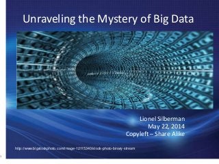 Unraveling the Mystery of Big Data
Lionel Silberman
May 22, 2014
Copyleft – Share Alike
1
http://www.bigstockphoto.com/image-12115340/stock-photo-binary-stream
 