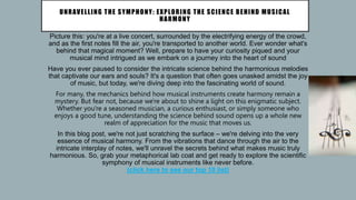 UNRAVELLING THE SYMPHONY: EXPLORING THE SCIENCE BEHIND MUSICAL
HARMONY
Picture this: you're at a live concert, surrounded by the electrifying energy of the crowd,
and as the first notes fill the air, you're transported to another world. Ever wonder what's
behind that magical moment? Well, prepare to have your curiosity piqued and your
musical mind intrigued as we embark on a journey into the heart of sound
Have you ever paused to consider the intricate science behind the harmonious melodies
that captivate our ears and souls? It's a question that often goes unasked amidst the joy
of music, but today, we're diving deep into the fascinating world of sound.
For many, the mechanics behind how musical instruments create harmony remain a
mystery. But fear not, because we're about to shine a light on this enigmatic subject.
Whether you're a seasoned musician, a curious enthusiast, or simply someone who
enjoys a good tune, understanding the science behind sound opens up a whole new
realm of appreciation for the music that moves us.
In this blog post, we're not just scratching the surface – we're delving into the very
essence of musical harmony. From the vibrations that dance through the air to the
intricate interplay of notes, we'll unravel the secrets behind what makes music truly
harmonious. So, grab your metaphorical lab coat and get ready to explore the scientific
symphony of musical instruments like never before.
(click here to see our top 10 list)
 
