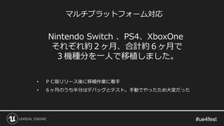 マルチプラットフォーム対応
Nintendo Switch 、PS4、XboxOne
それぞれ約２ヶ月、合計約６ヶ月で
３機種分を一人で移植しました。
• ＰＣ版リリース後に移植作業に着手
• ６ヶ月のうち半分はデバッグとテスト。手動でやったため大変だった
 