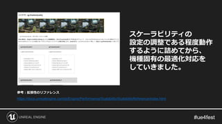 スケーラビリティの
設定の調整である程度動作
するように詰めてから、
機種固有の最適化対応を
していきました。
https://docs.unrealengine.com/ja/Engine/Performance/Scalability/ScalabilityReference/index.html
参考：拡張性のリファレンス
 