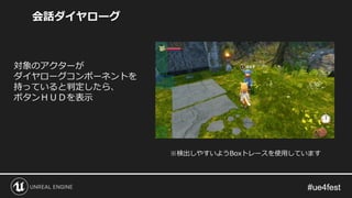会話ダイヤローグ
対象のアクターが
ダイヤローグコンポーネントを
持っていると判定したら、
ボタンＨＵＤを表示
※検出しやすいようBoxトレースを使用しています
 
