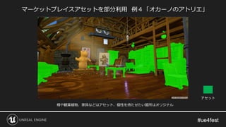 マーケットプレイスアセットを部分利用 例４「オカーノのアトリエ」
樽や観葉植物、家具などはアセット、個性を持たせたい箇所はオリジナル
アセット
 