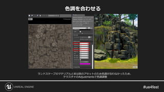色調を合わせる
ランドスケープのマテリアルと岩は別のアセットのため色調が合わなかったため、
テクスチャのAdjustmentsで色調調整
 