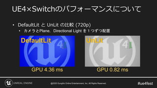 #ue4fest
• DefaultLit と UnLit の比較 (720p)
• カメラとPlane，Directional Light を１つずつ配置
UE4×Switchのパフォーマンスについて
GPU 4.36 ms GPU 0.82 ms
DefaultLit UnLit
@2020 GungHo Online Entertainment, Inc. All Rights Reserved.
 