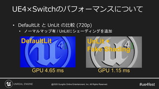 #ue4fest
• DefaultLit と UnLit の比較 (720p)
• ノーマルマップ有 / UnLitにシェーディングを追加
UE4×Switchのパフォーマンスについて
GPU 4.65 ms GPU 1.15 ms
DefaultLit UnLit +
Fake Shading
@2020 GungHo Online Entertainment, Inc. All Rights Reserved.
 