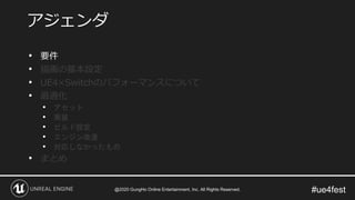 #ue4fest
• 要件
• 描画の基本設定
• UE4×Switchのパフォーマンスについて
• 最適化
• アセット
• 実装
• ビルド設定
• エンジン改造
• 対応しなかったもの
• まとめ
アジェンダ
@2020 GungHo Online Entertainment, Inc. All Rights Reserved.
 