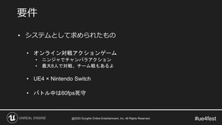 #ue4fest
• システムとして求められたもの
• オンライン対戦アクションゲーム
• ニンジャでチャンバラアクション
• 最大8人で対戦、チーム戦もあるよ
• UE4 × Nintendo Switch
• バトル中は60fps死守
要件
@2020 GungHo Online Entertainment, Inc. All Rights Reserved.
 