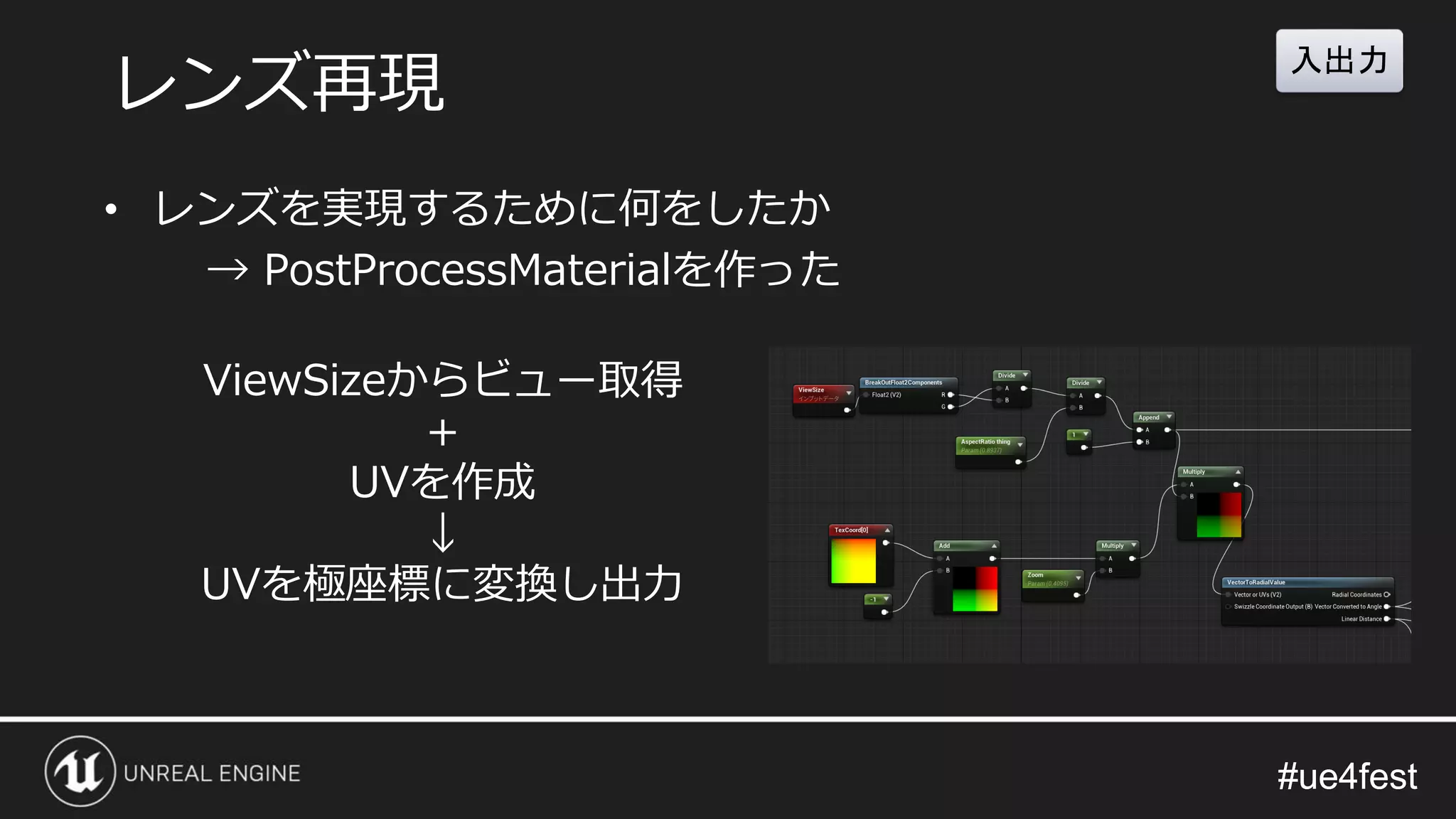 #ue4fest#ue4fest
• レンズを実現するために何をしたか
→ PostProcessMaterialを作った
レンズ再現
ViewSizeからビュー取得
＋
UVを作成
↓
UVを極座標に変換し出力
入出力
 