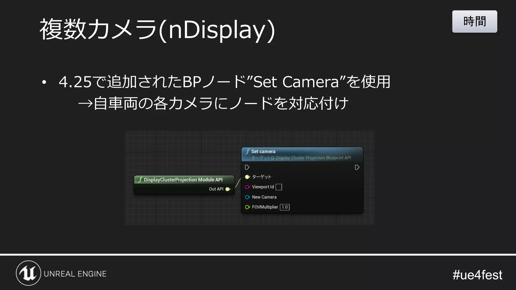 #ue4fest#ue4fest
• 4.25で追加されたBPノード”Set Camera”を使用
→自車両の各カメラにノードを対応付け
複数カメラ(nDisplay)
時間
 