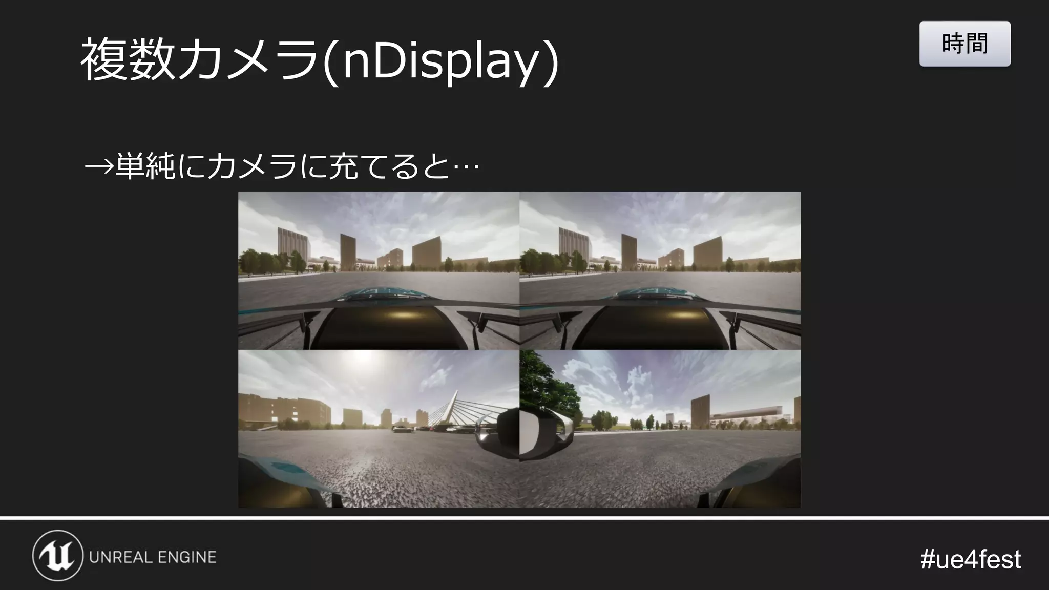#ue4fest#ue4fest
→単純にカメラに充てると…
複数カメラ(nDisplay)
時間
 