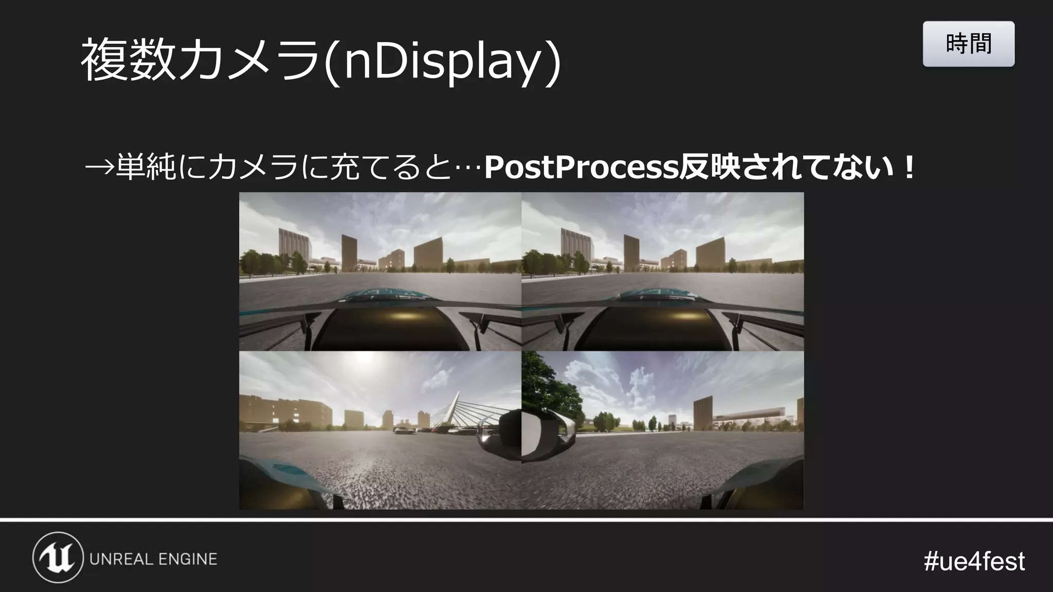 #ue4fest#ue4fest
→単純にカメラに充てると…PostProcess反映されてない！
複数カメラ(nDisplay)
時間
 