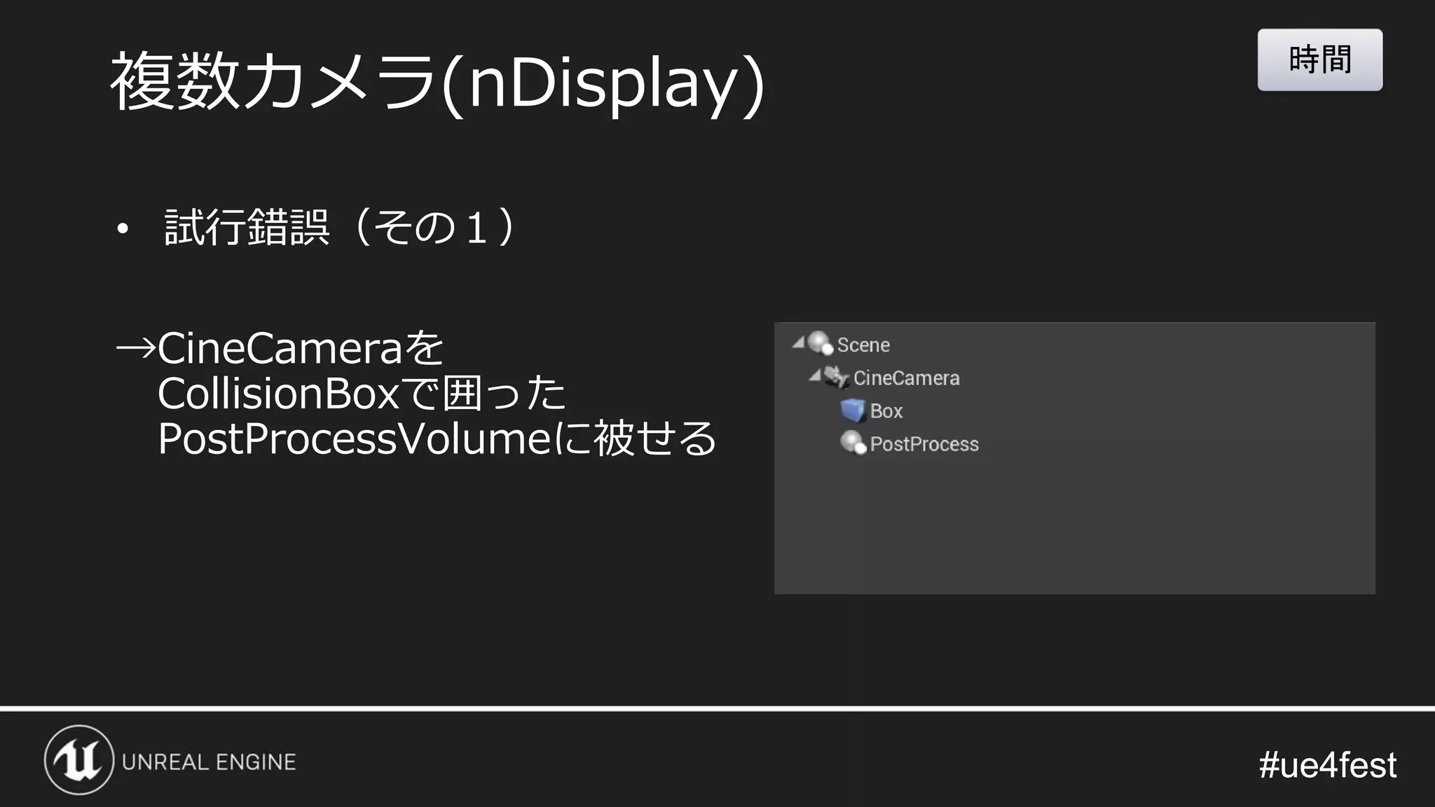 #ue4fest#ue4fest
• 試行錯誤（その１）
→CineCameraを
CollisionBoxで囲った
PostProcessVolumeに被せる
複数カメラ(nDisplay)
時間
 