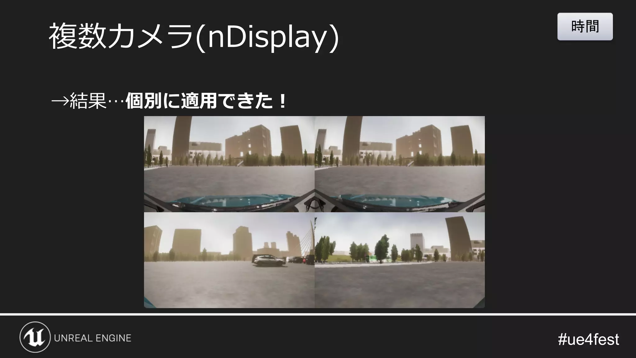 #ue4fest#ue4fest
→結果…個別に適用できた！
複数カメラ(nDisplay)
時間
 
