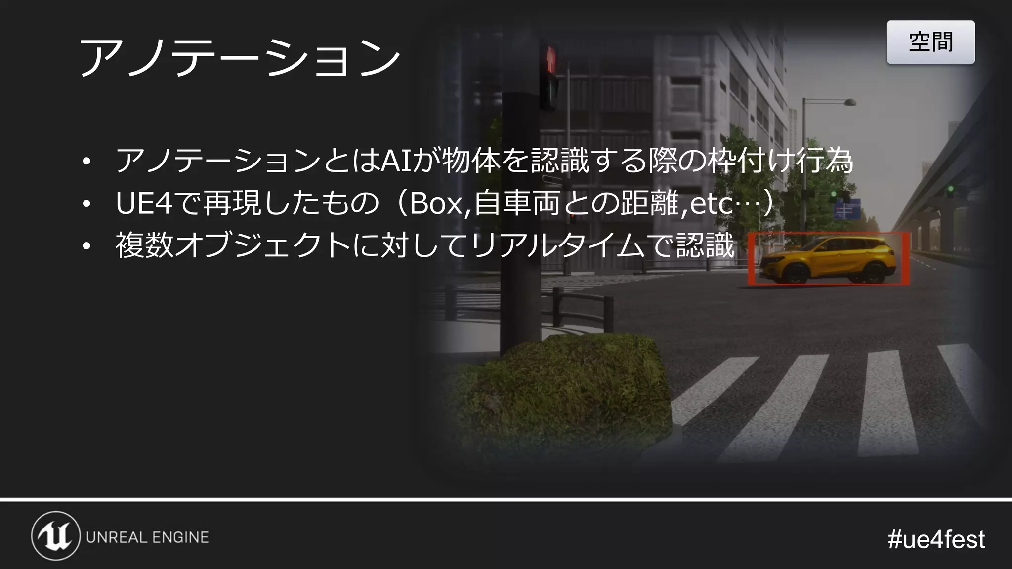 #ue4fest#ue4fest
• アノテーションとはAIが物体を認識する際の枠付け行為
• UE4で再現したもの（Box,自車両との距離,etc…）
• 複数オブジェクトに対してリアルタイムで認識
アノテーション
空間
 