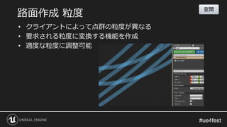 #ue4fest#ue4fest
• クライアントによって点群の粒度が異なる
• 要求される粒度に変換する機能を作成
• 適度な粒度に調整可能
路面作成 粒度
空間
 