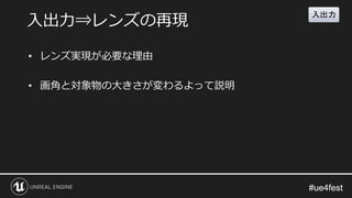 #ue4fest#ue4fest
• レンズ実現が必要な理由
• 画角と対象物の大きさが変わるよって説明
入出力⇒レンズの再現
入出力
 