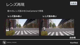 #ue4fest#ue4fest
レンズ歪み低い レンズ歪み高い
レンズ再現
お台場
個々のレンズ歪みをCineCameraで再現
入出力
 