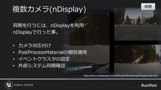 #ue4fest#ue4fest
同期を行うには、nDisplayを利用
nDisplayで行った事。
• カメラ対応付け
• PostProcessMaterialの個別適用
• イベントクラスタの設定
• 外部システム同期確認
時間
https://docs.unrealengine.com/ja/Engine/Rendering/nDisplay/index.html
複数カメラ(nDisplay)
 