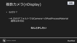#ue4fest#ue4fest
• なぜか？
→4.25のデフォルトではCameraへのPostProcessMaterial
適用は非対応
複数カメラ(nDisplay)
なんとかしたい
時間
 
