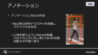 #ue4fest#ue4fest
• アノテーションBoxの作成
→Box用の赤枠テクスチャを用意し、
マテリアルを作成
→人物を囲うようにPlaneを配置、
Tickでカメラに対し常にYawを90度
回転させ平面に表示
アノテーション
空間
 