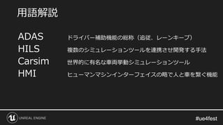#ue4fest#ue4fest
ADAS ドライバー補助機能の総称（追従、レーンキープ）
HILS 複数のシミュレーションツールを連携させ開発する手法
Carsim 世界的に有名な車両挙動シミュレーションツール
HMI ヒューマンマシンインターフェイスの略で人と車を繋ぐ機能
用語解説
 
