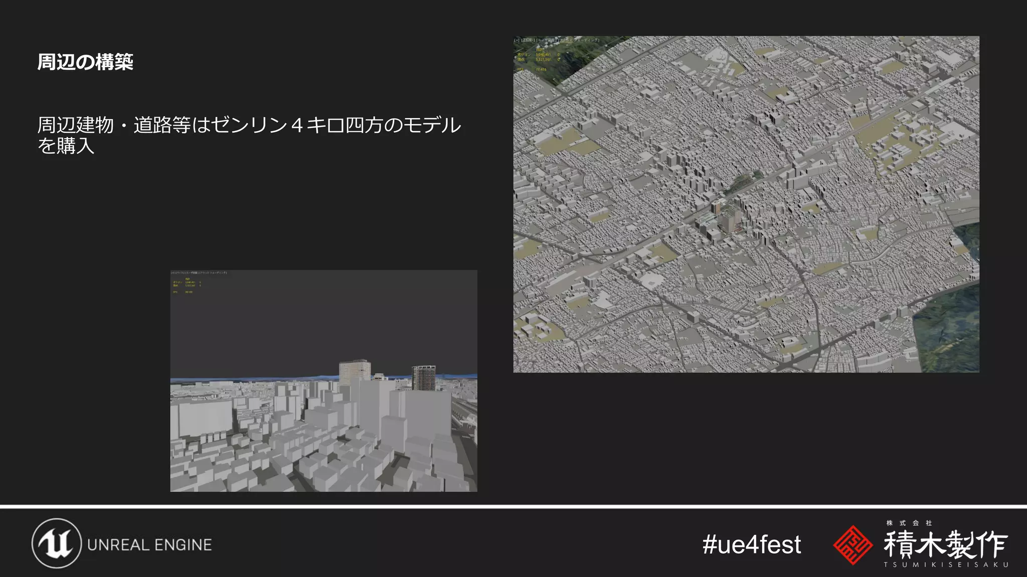 #ue4fest
周辺の構築
周辺建物・道路等はゼンリン４キロ四方のモデル
を購入
 
