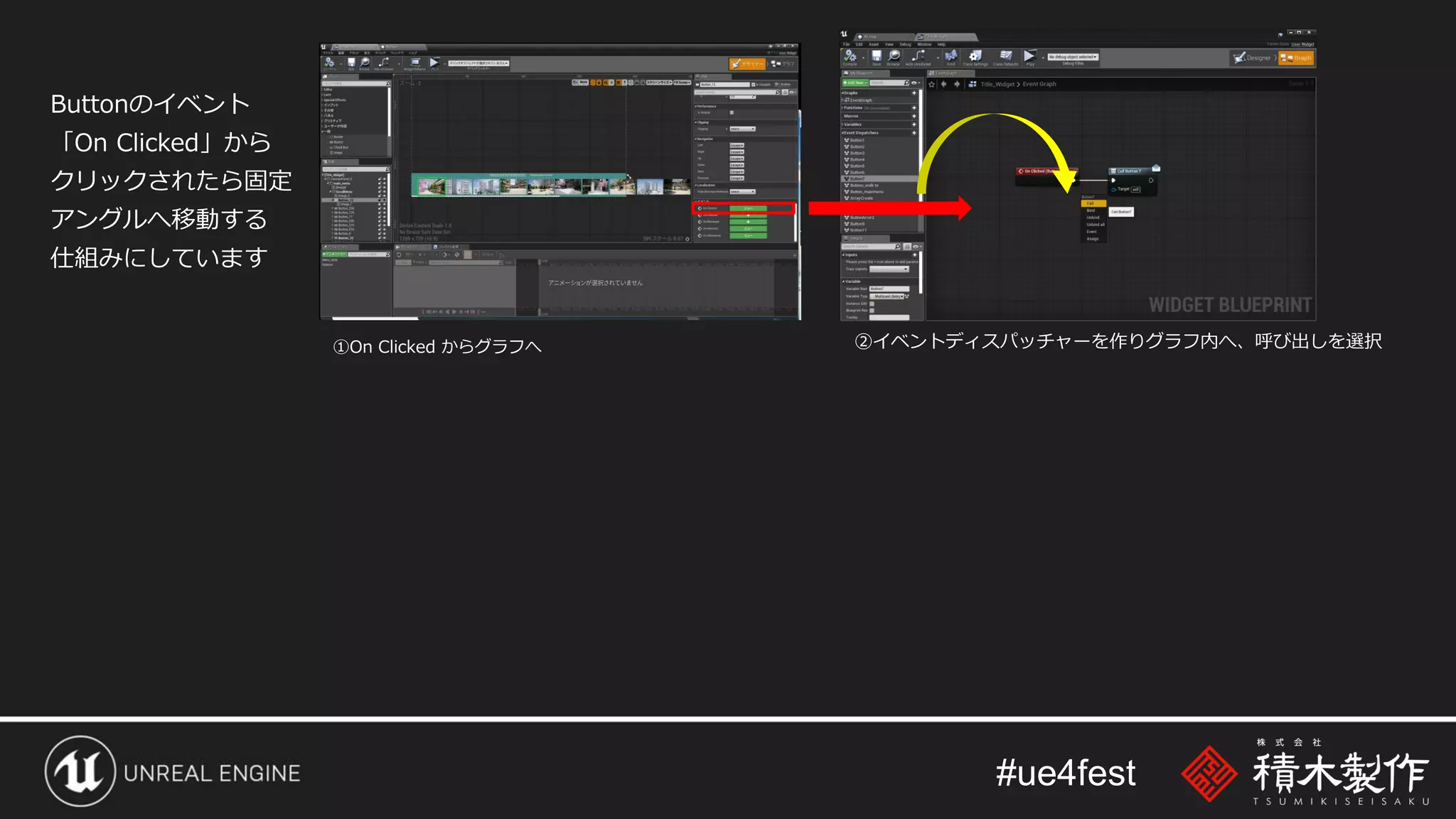 #ue4fest
Buttonのイベント
「On Clicked」から
クリックされたら固定
アングルへ移動する
仕組みにしています
①On Clicked からグラフへ ②イベントディスパッチャーを作りグラフ内へ、呼び出しを選択
 