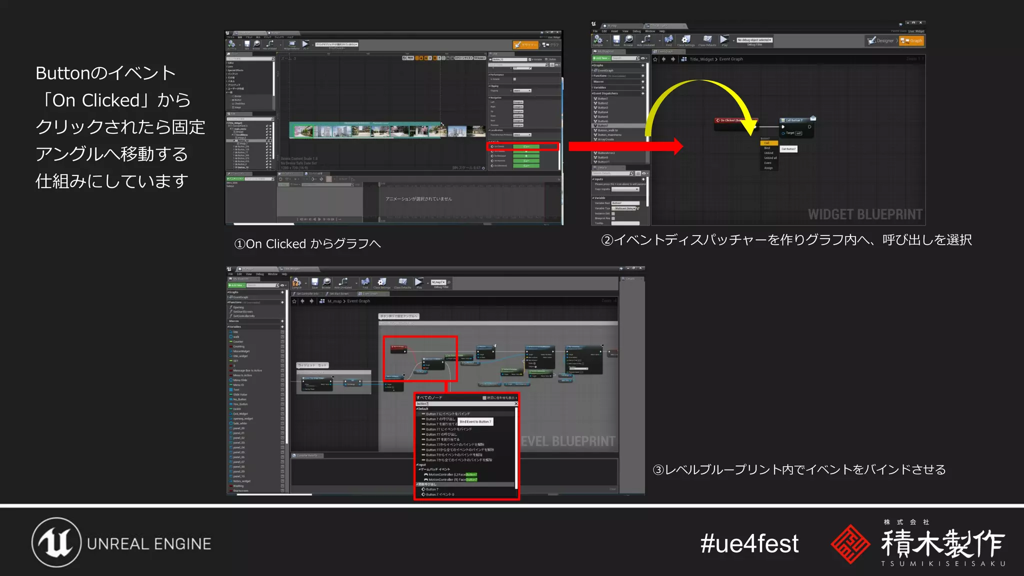 #ue4fest
Buttonのイベント
「On Clicked」から
クリックされたら固定
アングルへ移動する
仕組みにしています
①On Clicked からグラフへ ②イベントディスパッチャーを作りグラフ内へ、呼び出しを選択
③レベルブループリント内でイベントをバインドさせる
 