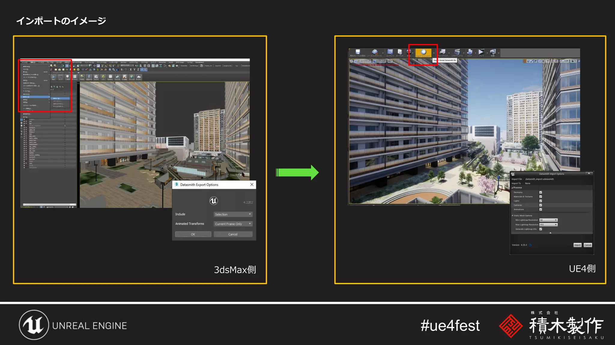 #ue4fest
インポートのイメージ
3dsMax側 UE4側
 