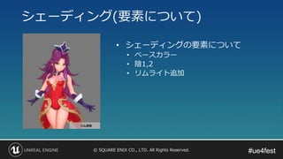 #ue4fest#ue4fest© SQUARE ENIX CO., LTD. All Rights Reserved.
シェーディング(要素について)
• シェーディングの要素について
• ベースカラー
• 陰1,2
• リムライト追加
 