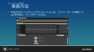 #ue4fest#ue4fest
• 作成されたリップシンクアニメーションは、コンバーターで収集して
csvを作成し、データテーブル化。
【リップシンク対応】
実装方法
 