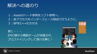 #ue4fest#ue4fest
１：Assetのハード参照をソフト参照へ。
２：各アクセスをインターフェース経由で行うように。
３：BPをC++化させる
更に・・・
EPIC様から精鋭チームが派遣され、
プロファイリングして頂ける事に！
解決への道のり
 