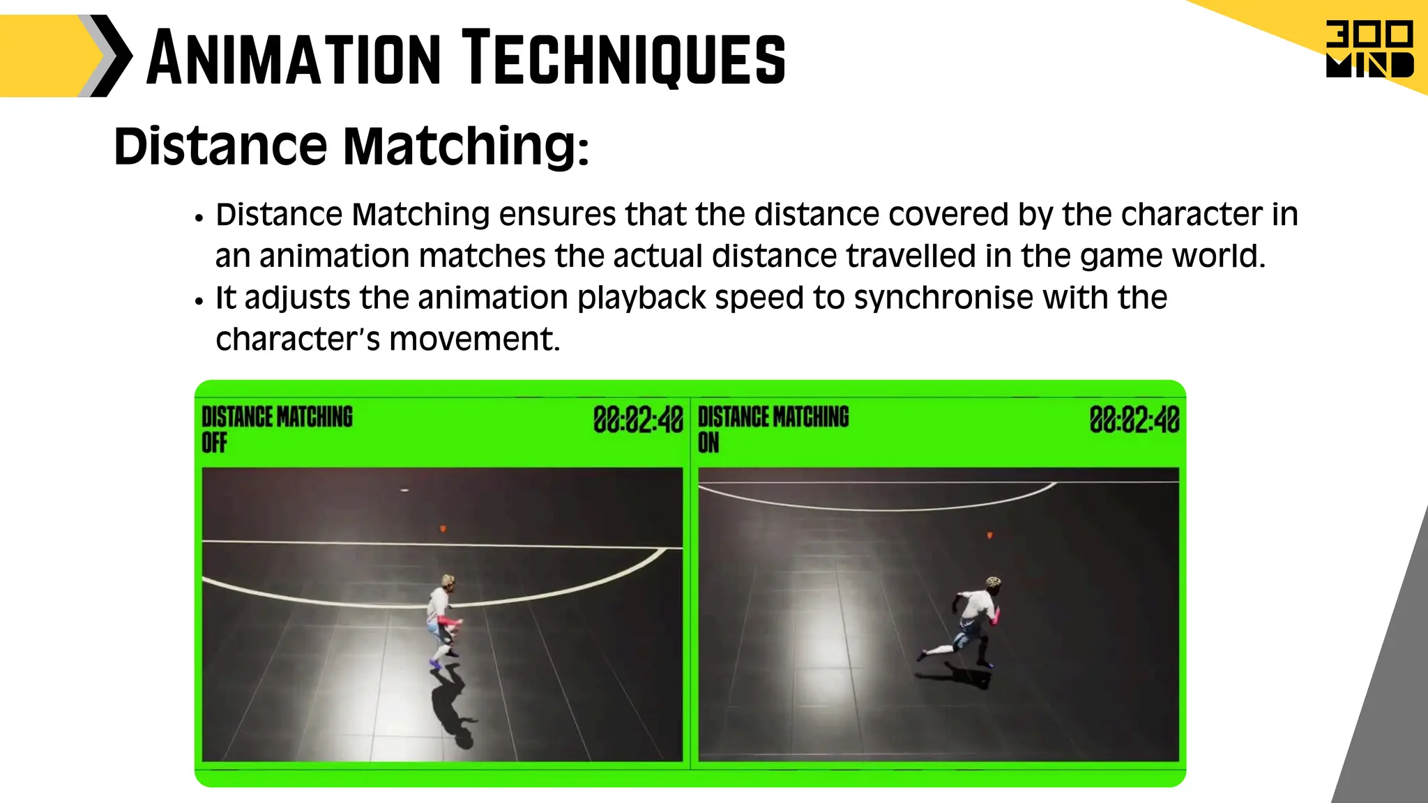 Animation Techniques
Distance Matching ensures that the distance covered by the character in
an animation matches the actual distance travelled in the game world.
It adjusts the animation playback speed to synchronise with the
character’s movement.
Distance Matching:
 