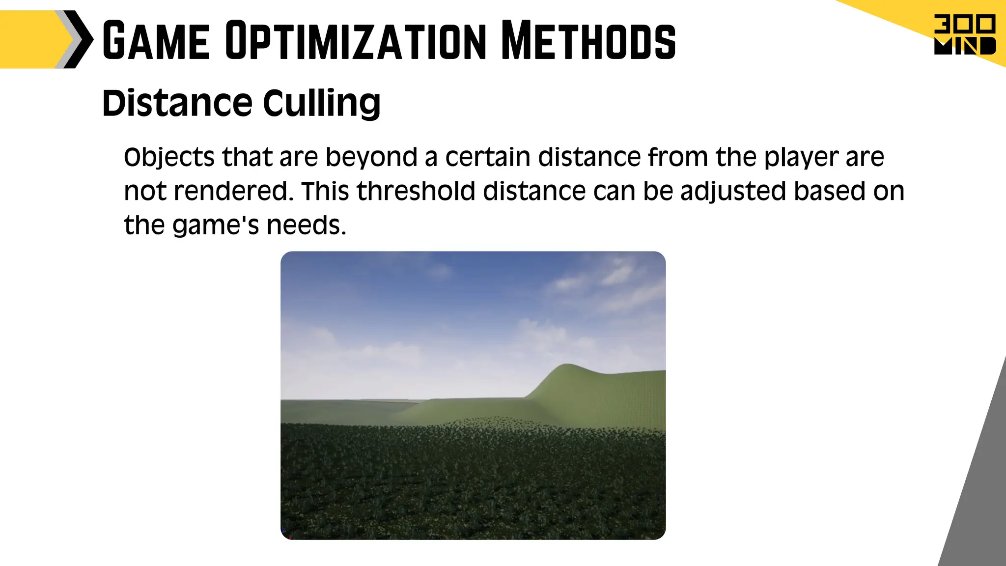 Game Optimization Methods
Distance Culling
Objects that are beyond a certain distance from the player are
not rendered. This threshold distance can be adjusted based on
the game's needs.
 