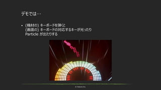 © historia Inc.
デモでは…
 (機材の) キーボードを弾くと
(画面の) キーボードの対応するキーが光ったり
Particle が出たりする
 