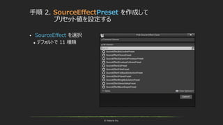 © historia Inc.
手順 2. SourceEffectPreset を作成して
プリセット値を設定する
 SourceEffect を選択
 デフォルトで 11 種類
 